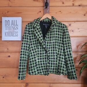 Silkland Woven Tweed Plaid Fringe Green Silk Blend Blazer Jacket‎ Office  Size M